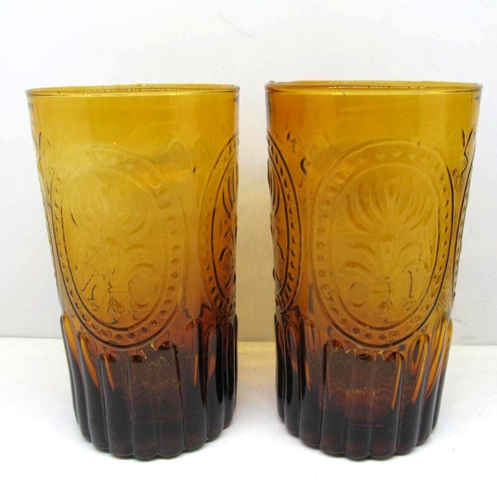 Anthropologie Amber Glass Tumbler fleur de lis  6 1/4" Tall 20 ounces Set of 2